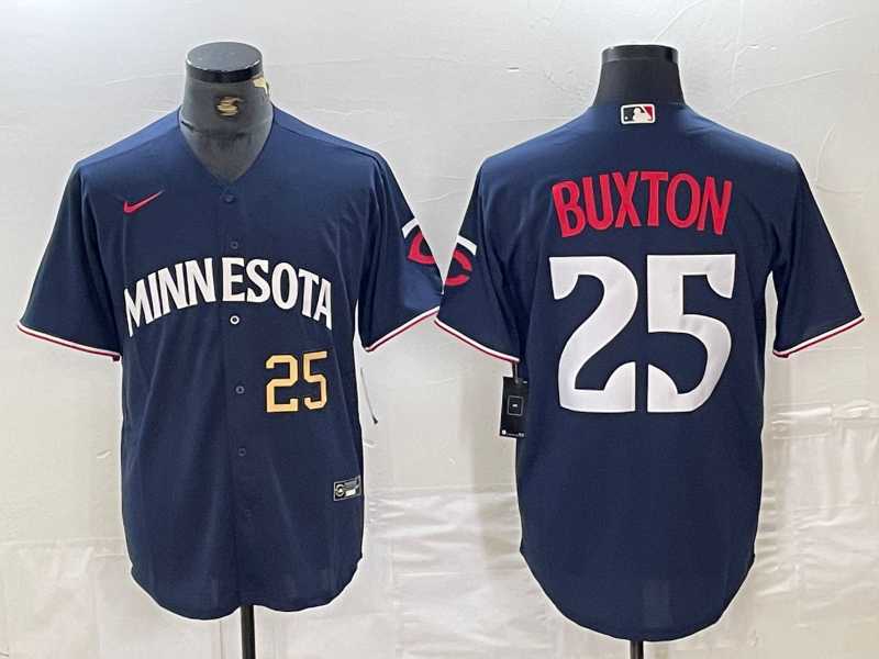 Mens Minnesota Twins #25 Byron Buxton Number 2023 Navy Blue Cool Base Stitched Jerseys